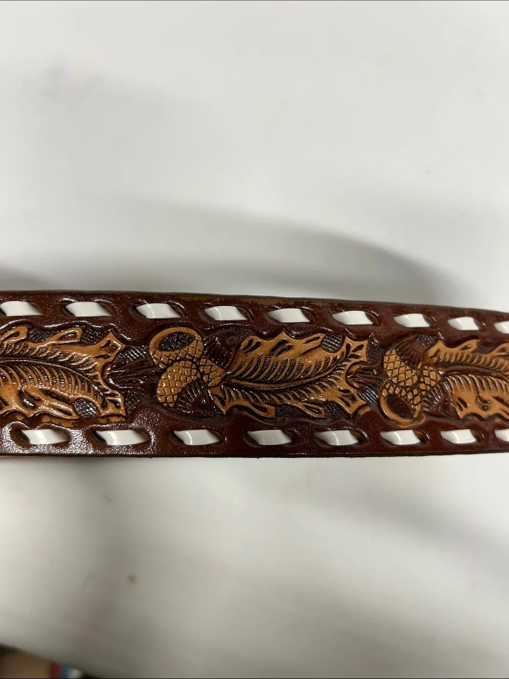 Brown Tooled Leather Fish Buckle Belt 32 Mickey